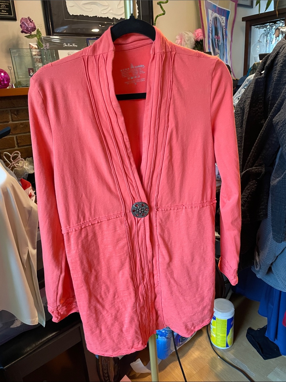 neon buddha Coral Pink Open-Front Blazer with Decorative Button